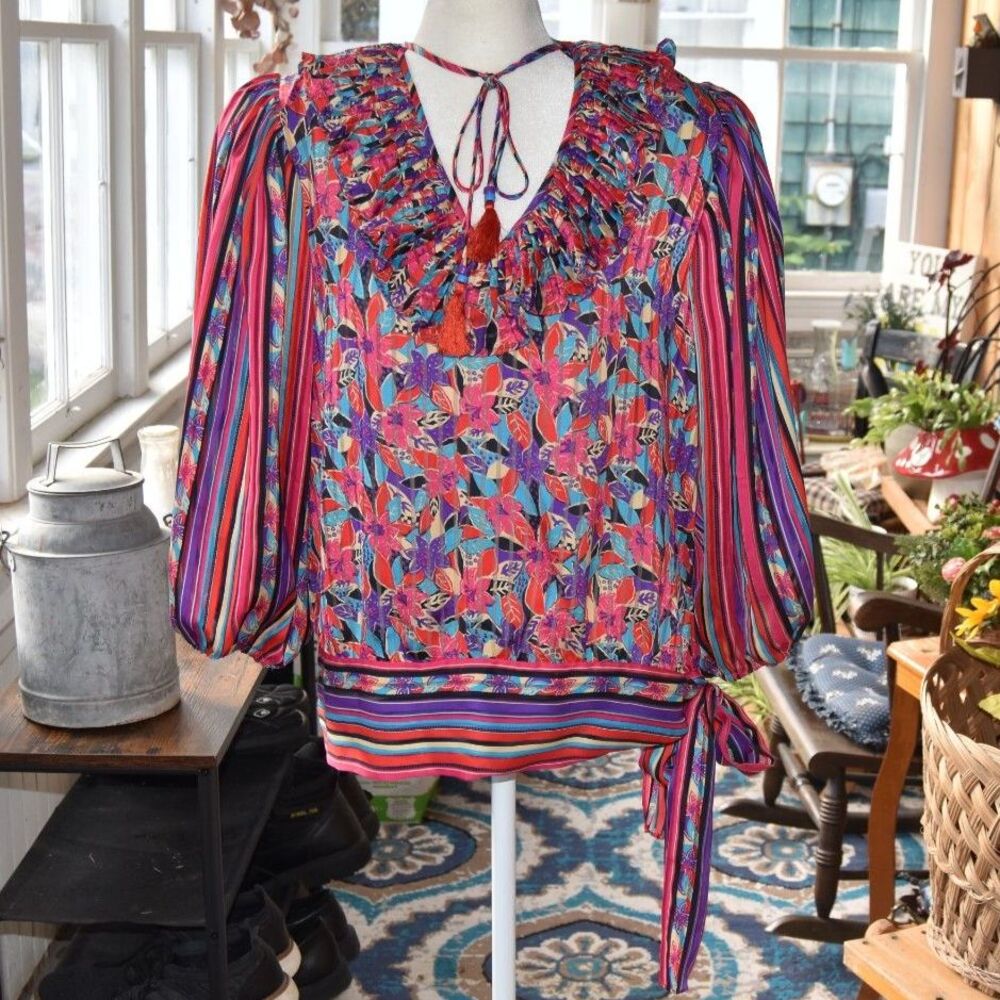 Vintage 80s Diane Freis Floral Stripe Georgette Blouse Ruffle Tassel Boho Top L